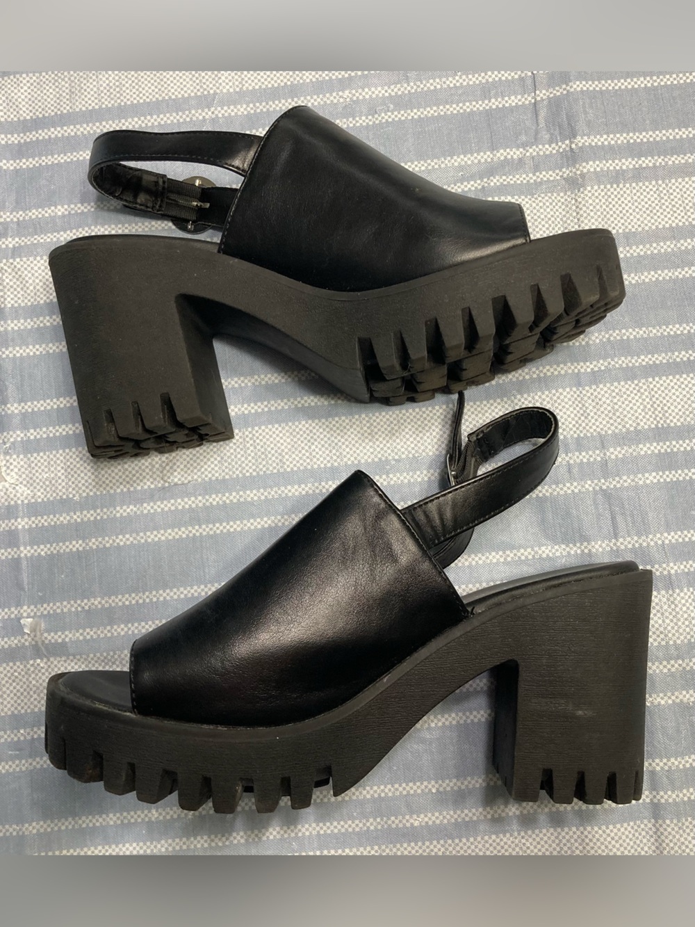 Madden Girl “Sonny” black chunky platform heels.